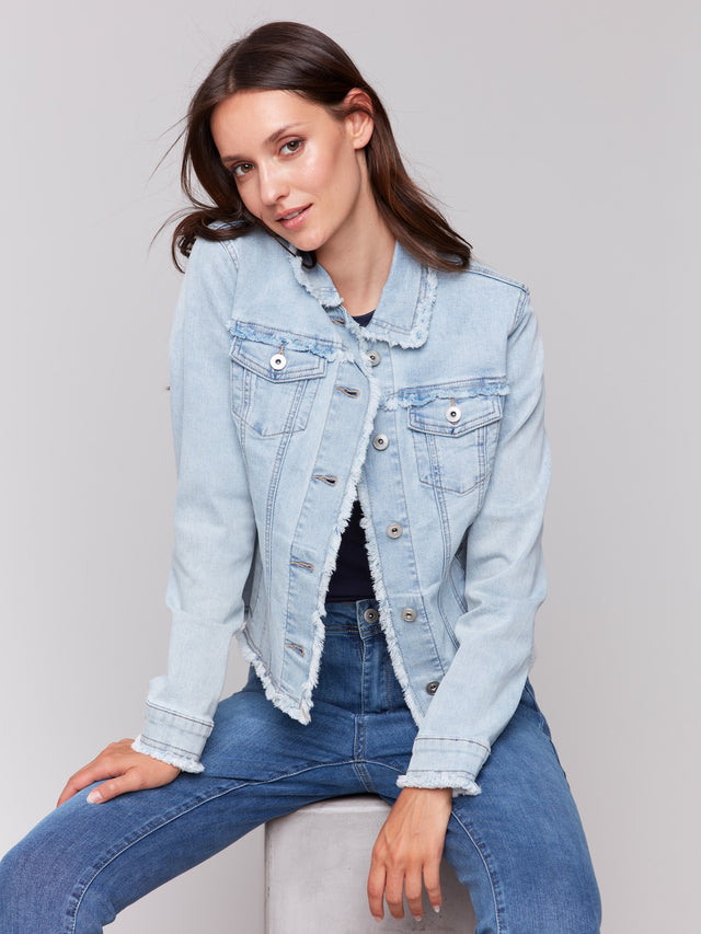 FRINGE EDGES STRETCH DENIM JACKET - BLEACH BLUE
