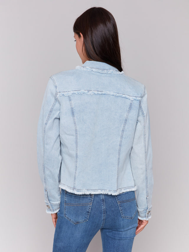 FRINGE EDGES STRETCH DENIM JACKET - BLEACH BLUE