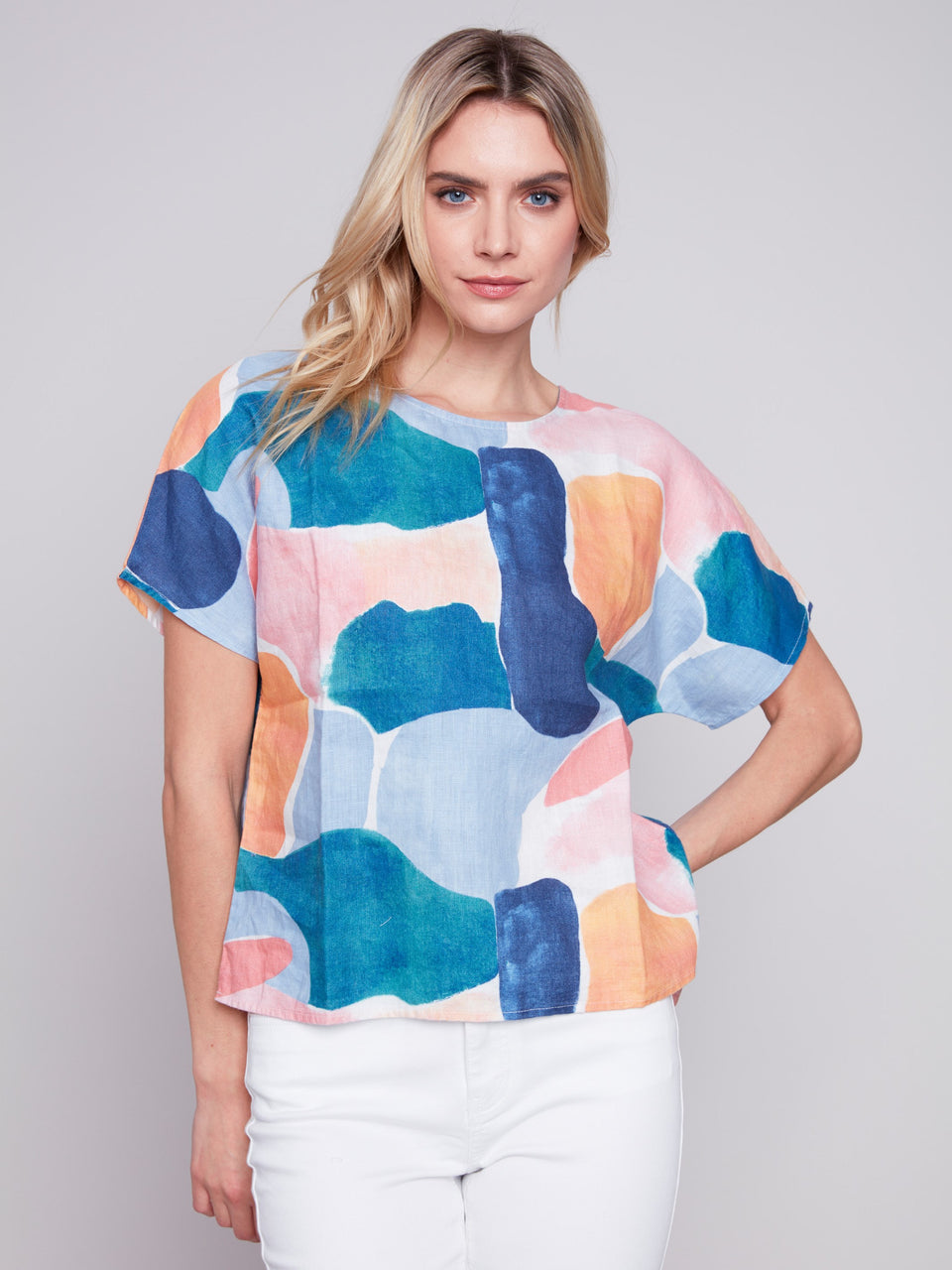 PRINTED BOXY LINEN TOP - ABSTRACT