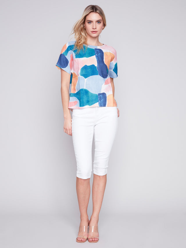 PRINTED BOXY LINEN TOP - ABSTRACT