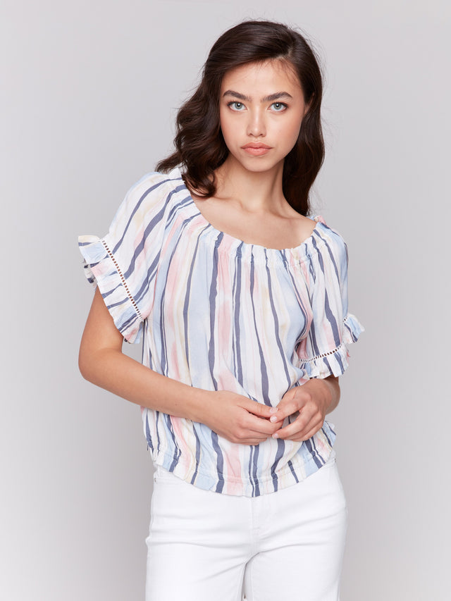 PRINTED SHORT SLEEVE PEASANT BLOUSE - NAUTICAL