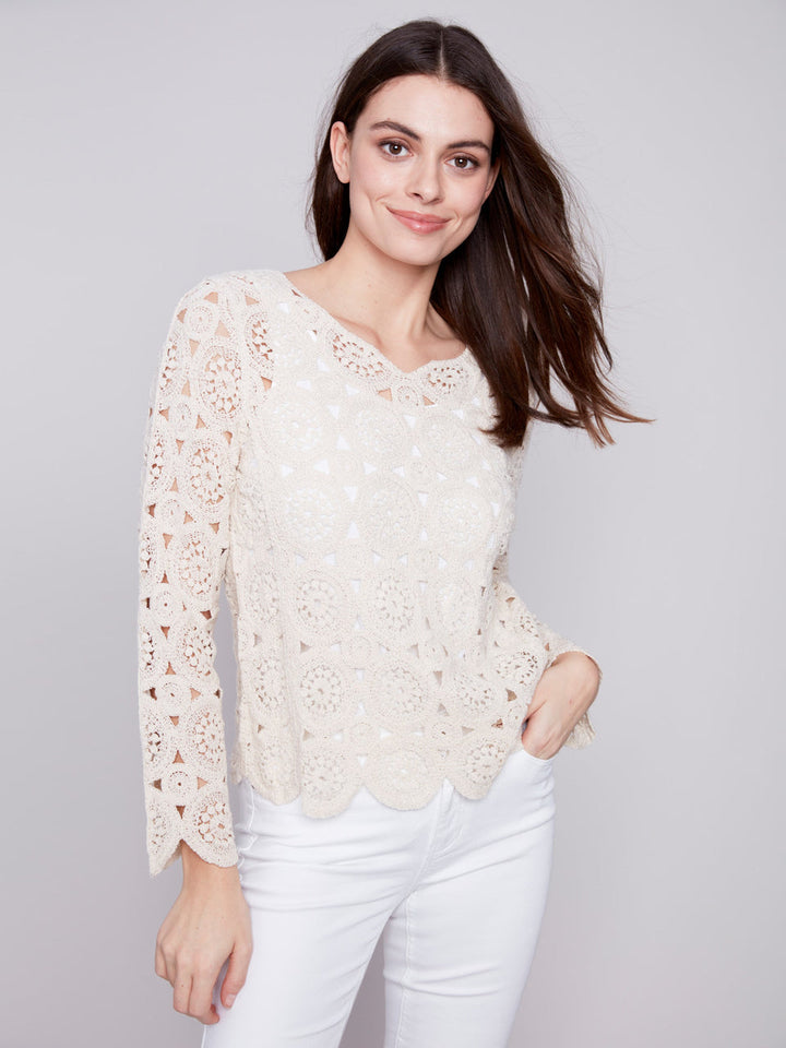 SOLID NOTCH NECK LONG SLEEVE CROCHET TOP - NATURAL