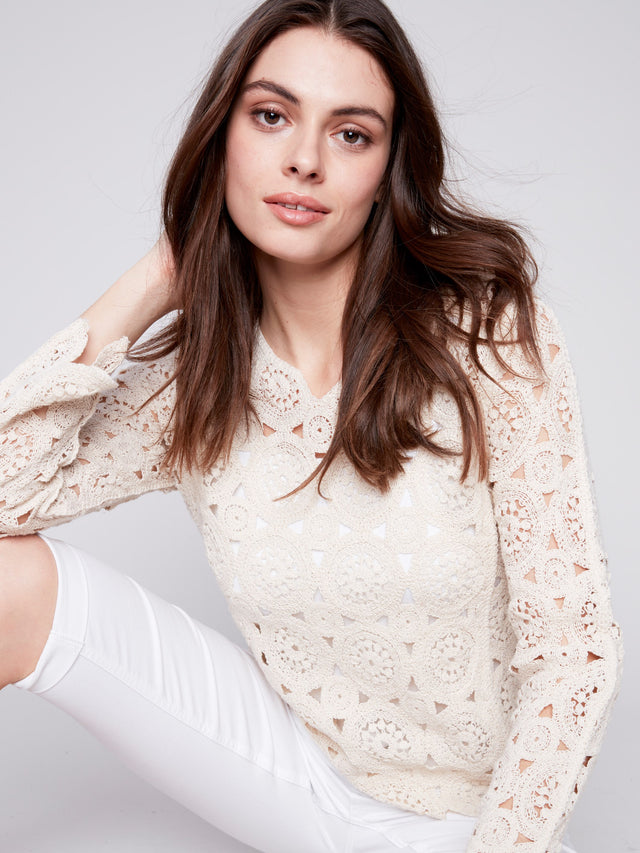 SOLID NOTCH NECK LONG SLEEVE CROCHET TOP - NATURAL