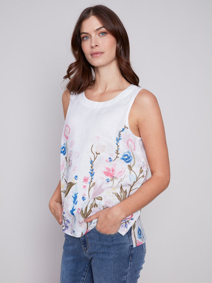 PRINTED HIGH LOW SLEEVELESS LINEN TOP - PASTEL