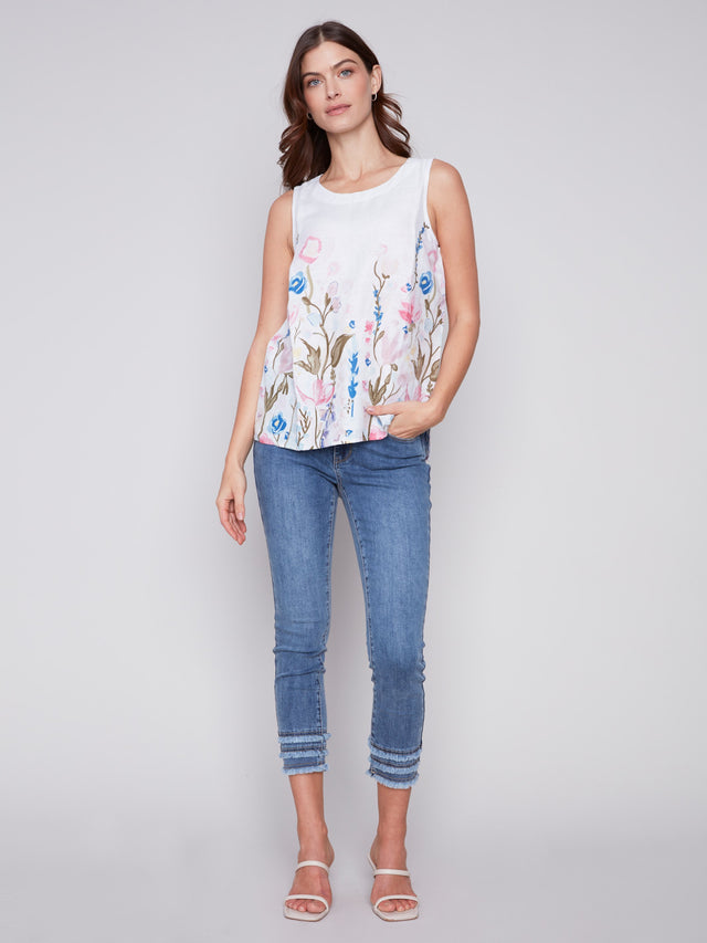 PRINTED HIGH LOW SLEEVELESS LINEN TOP - PASTEL