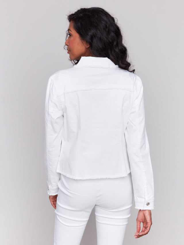 TWILL JEAN JACKET WITH FRAYED EDGES - WHITE