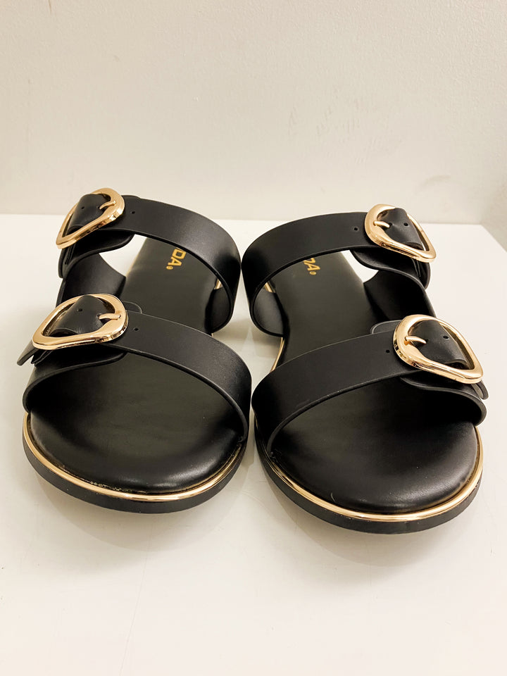 SODA DOUBLE BUCKLE ARINA SANDALS - BLACK/GOLD
