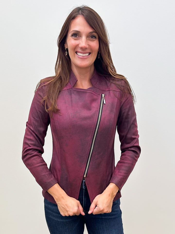 ASYMMETRICAL ZIP UP SUEDE JACKET - BURGUNDY