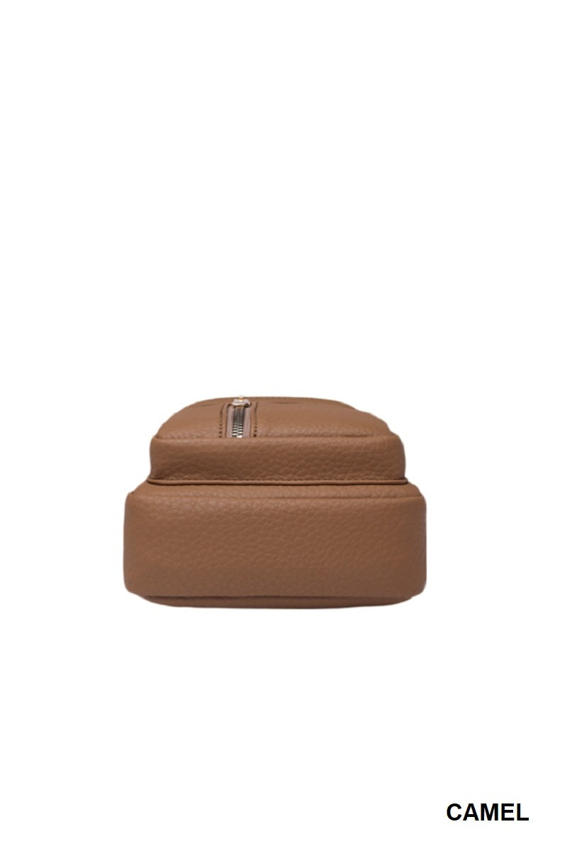 VEGAN LEATHER CROSSBODY SLING BAG, CAMEL