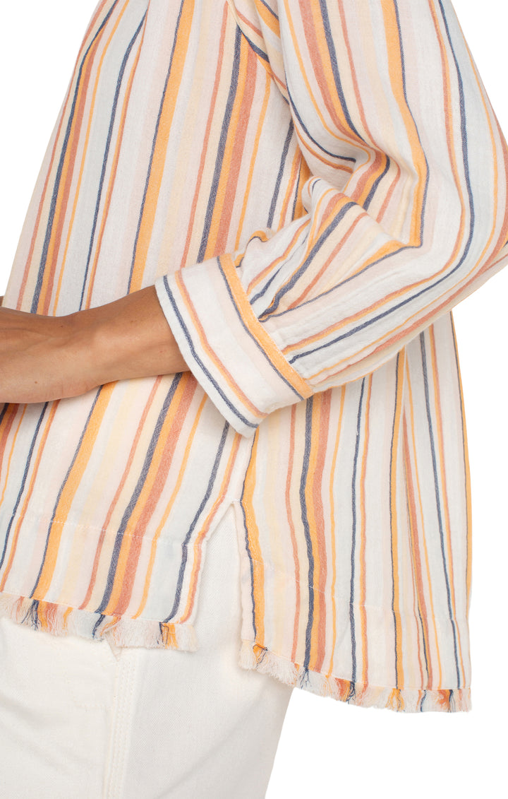3/4 SLEEVE PLEATED RAGLAN WOVEN TOP W/FRAY HEM - ORANGE STRIPE