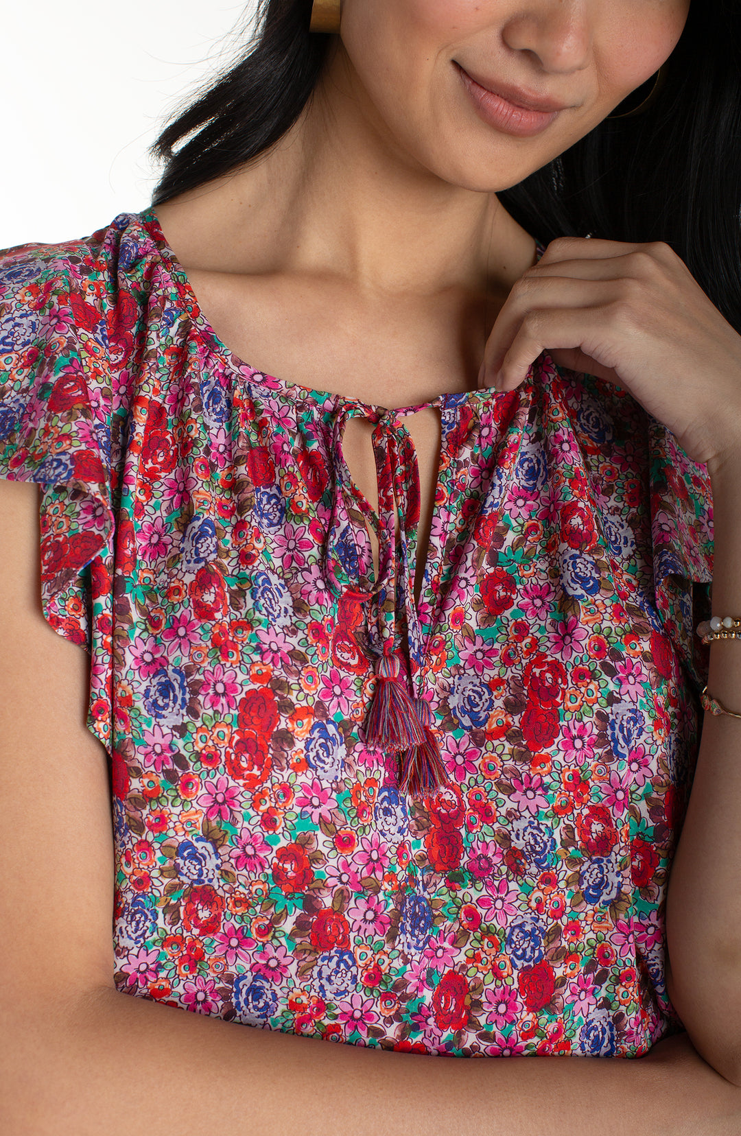 FLUTTER SLEEVE PEPLUM WOVEN TOP W/TIES - PINK