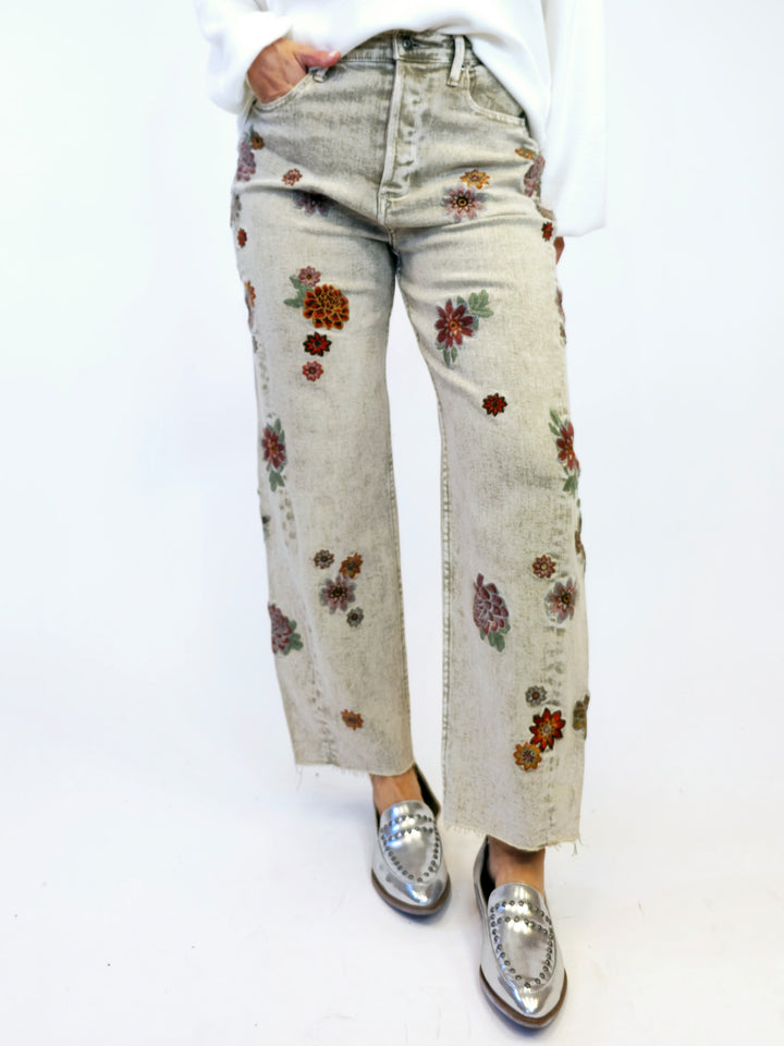 FLORAL EMBROIDERED JEANS - WARM GREY