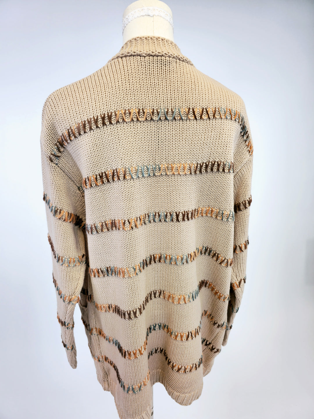 MULTI COLOR STITCH STRIPED OPEN FRONT CARDIGAN - TAUPE