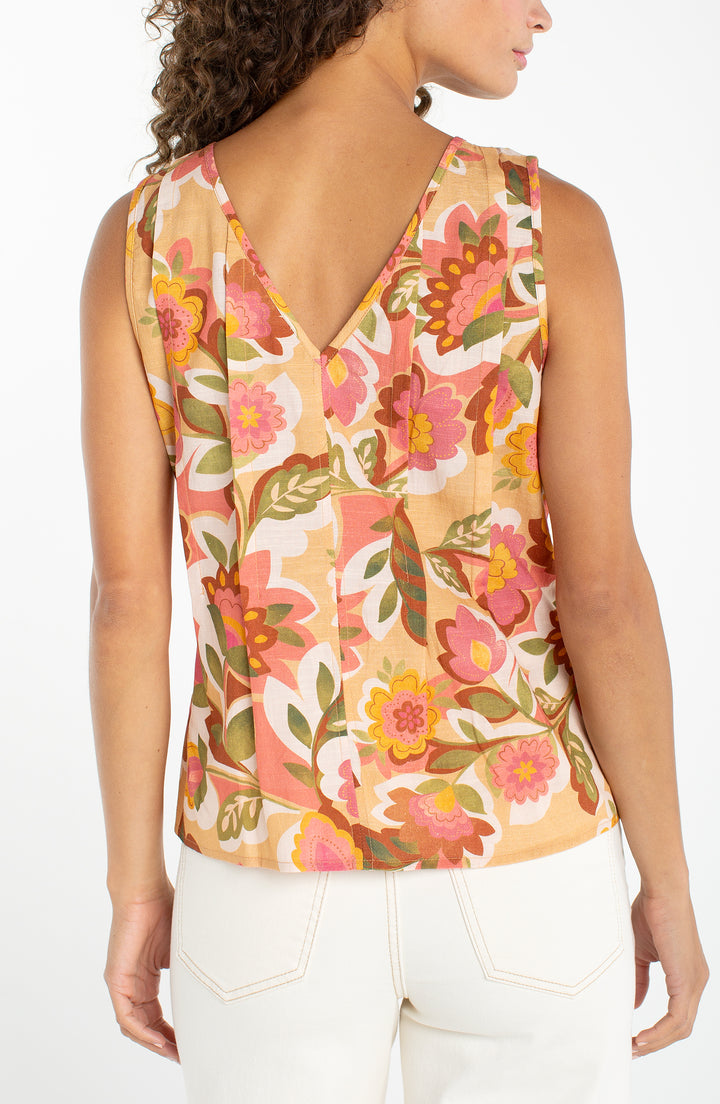 SLEEVELESS V-NECK WOVEN TOP W/PINKTUCKS - TAN FLORAL