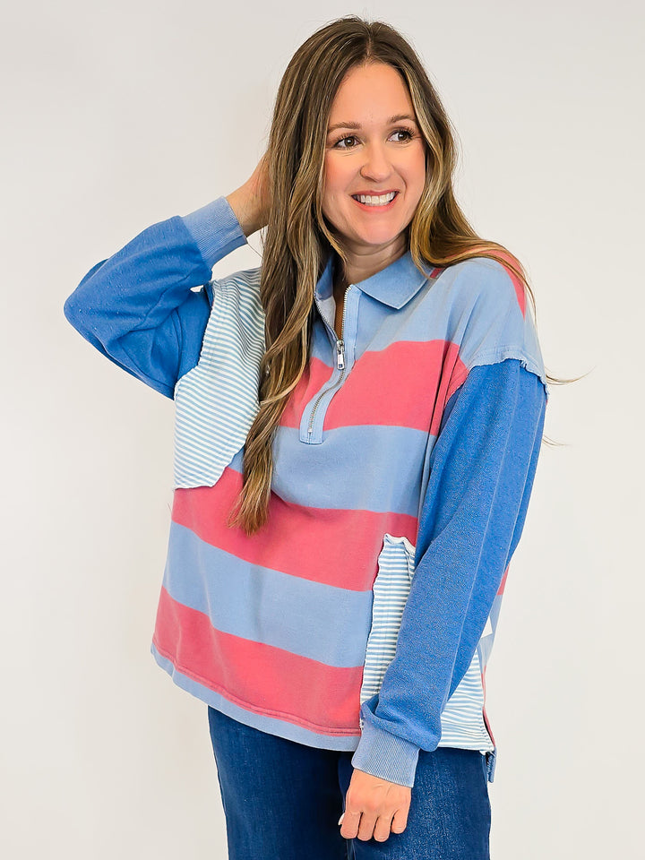 MINERAL WASHED COLOR BLOCKED TOP - DENIM