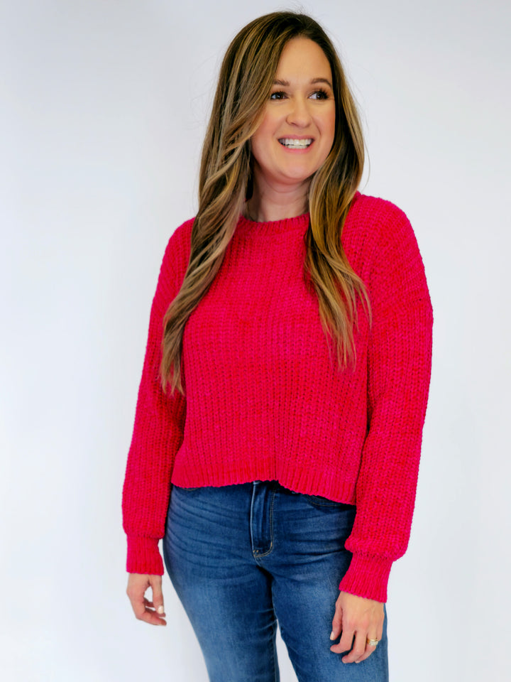 CHENILLE ROUND NECK CROP SWEATER - VIVA MAGENTA