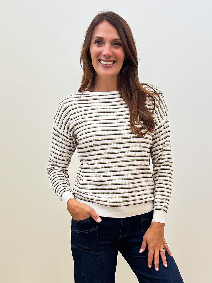MULTI COLOR STRIPE TEXTURED CREW NECK TOP - OLIVE/BURGUNDY
