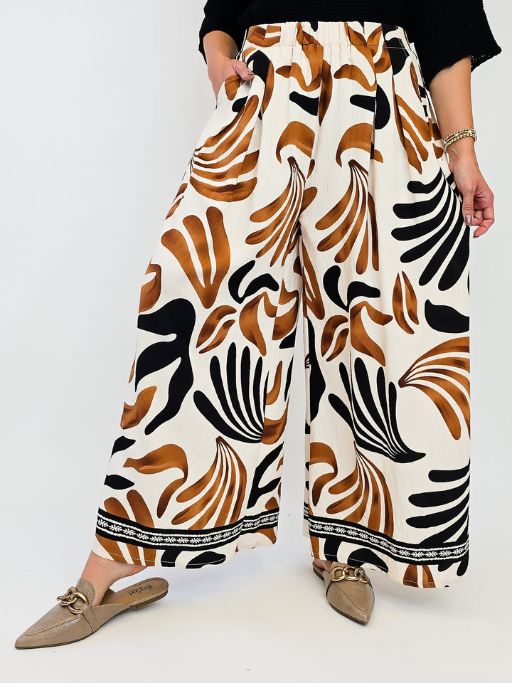 MIX TROPICAL LEAF PRINT WIDE LEG PANTS - TAUPE MIX