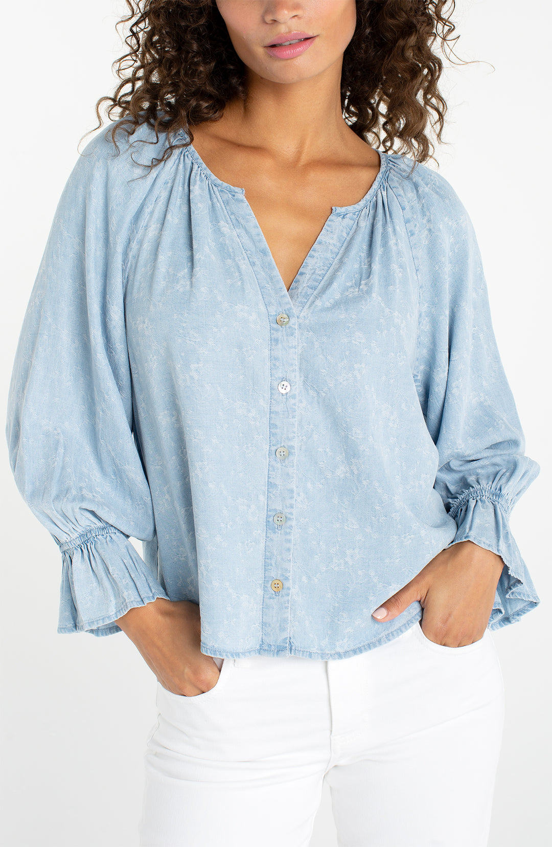 3/4 SLEEVE BUTTON FRONT SHIRRED WOVEN TOP - ROSE ICE