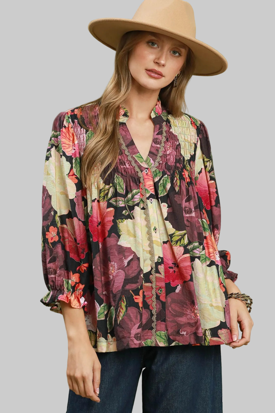 3/4 SLEEVE MIX FLORAL BUTTON FRONT BLOUSE - BLACK MIX