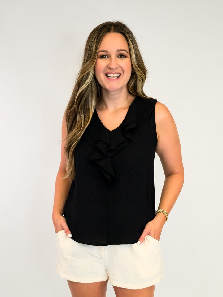 SOLID SLEEVELESS TOP WITH RUFFLE DETAIL - BLACK