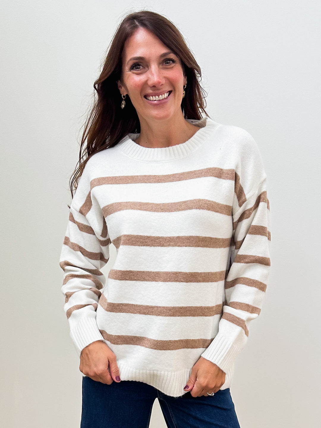 HORIZONTAL STRIPE KNIT PULLOVER - OFF WHITE/COCO