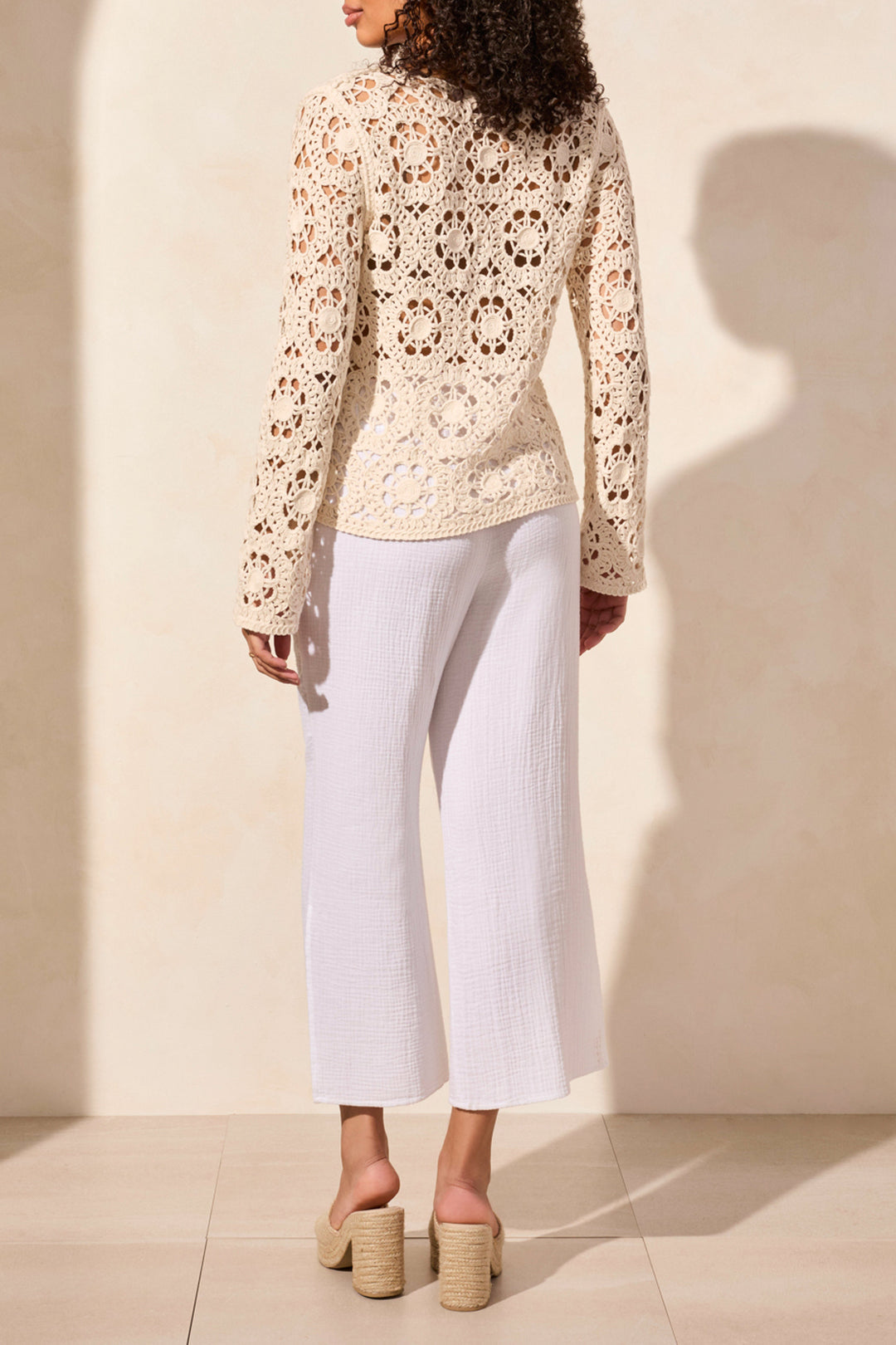 OPEN FANCY CROCHET V-NECK BELL SLEEVE SWEATER - COCOMILK