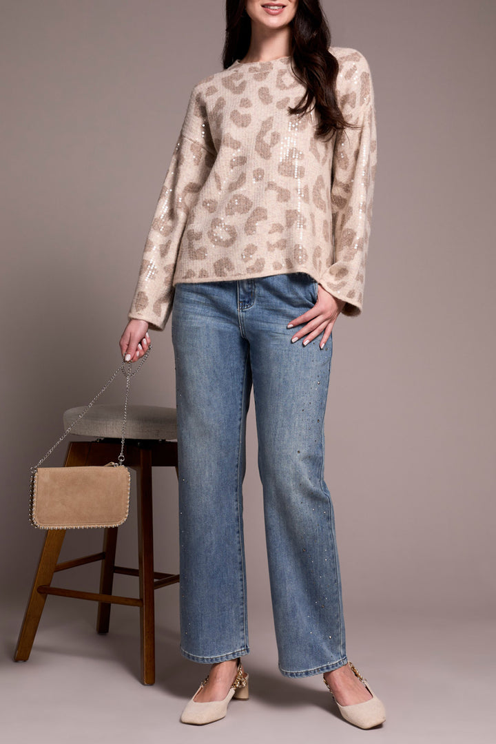 LONG SLEEVE CREW NECK SWEATER W/SEQUINS - SANDSTONE