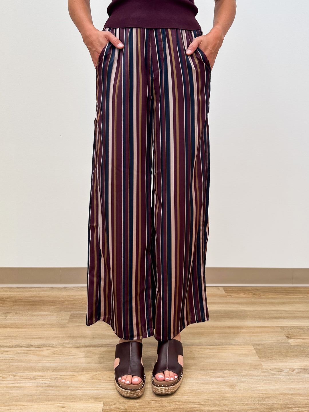 ELASTIC WAIST STRIPED WIDE LEG PANTS - BURGUNDY MULTI