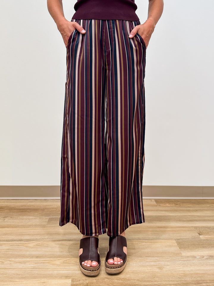 ELASTIC WAIST STRIPED WIDE LEG PANTS - BURGUNDY MULTI