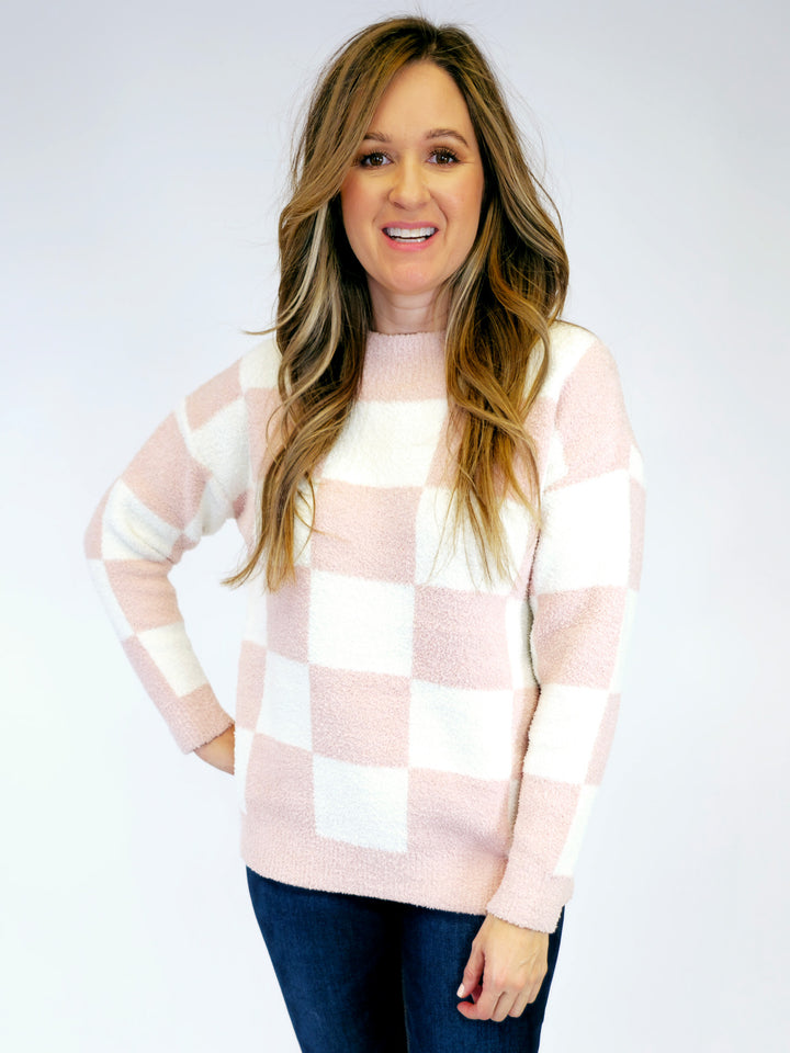 CHECKERED CREW NECK SWEATER - PINK