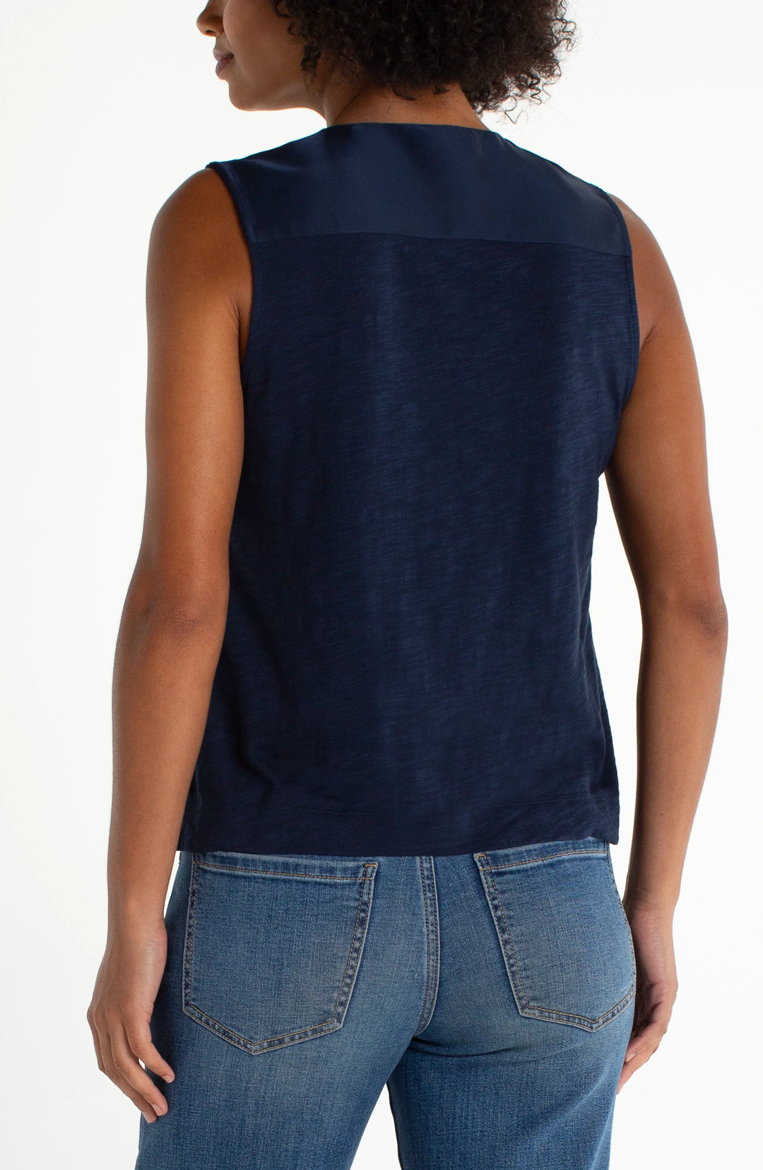 SLEEVELESS V-NECK WOVEN-TO-KNIT TOP - DARK NAVY
