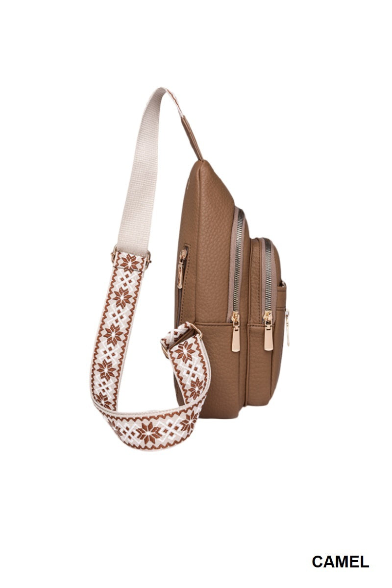 VEGAN LEATHER CROSSBODY SLING BAG, CAMEL