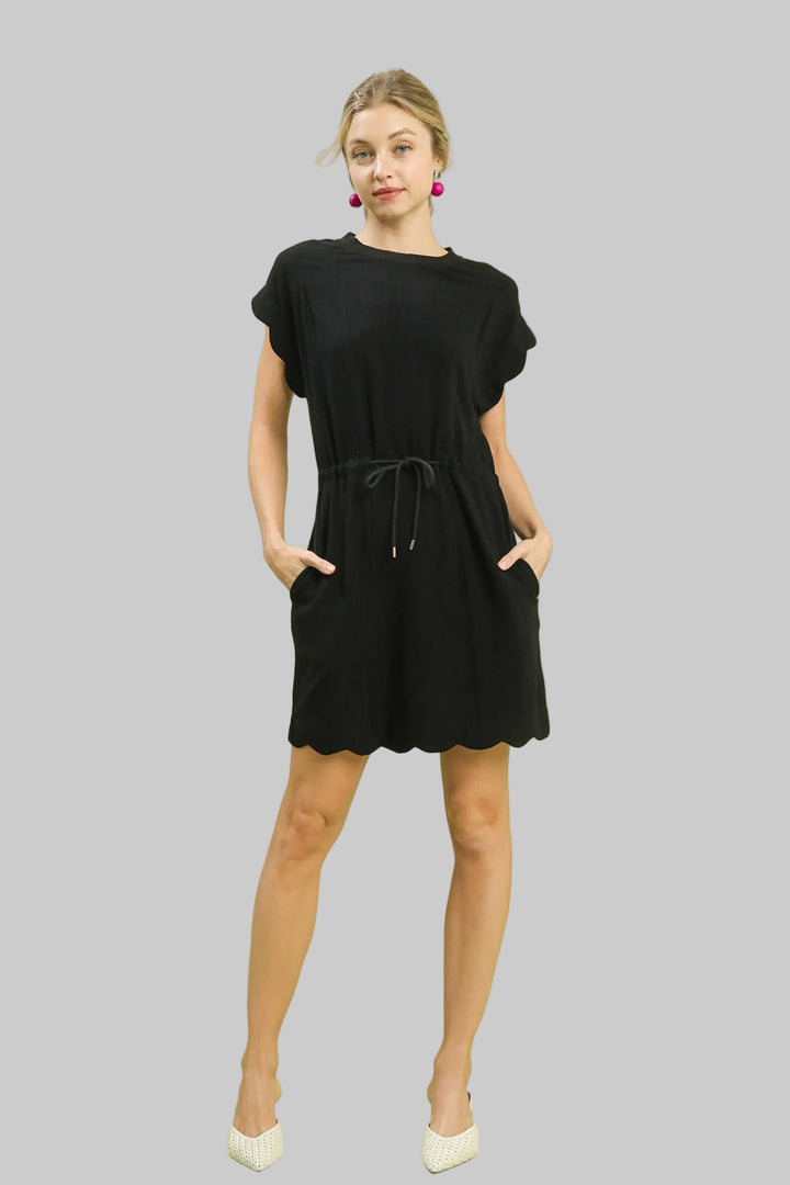 LINEN BLEND DRAWSTRING WAIST AND SCALLOPED TRIM SHORT DRESS - BLACK