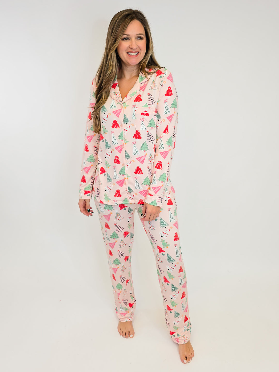 LONG SLEEVE BUTTON UP PAJAMA TOP - CREAMY PEACH CHRISTMAS