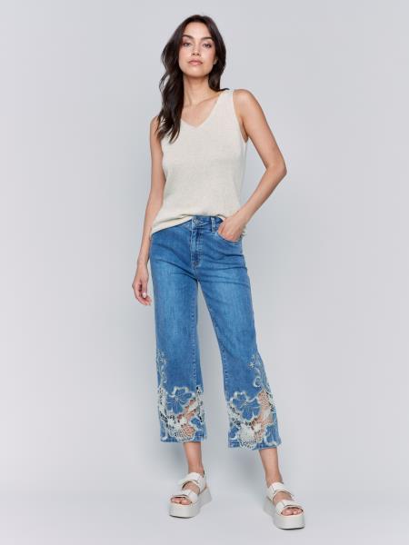 FLARE LEG PANT W/LASER CUT LACE HEM - MED BLUE