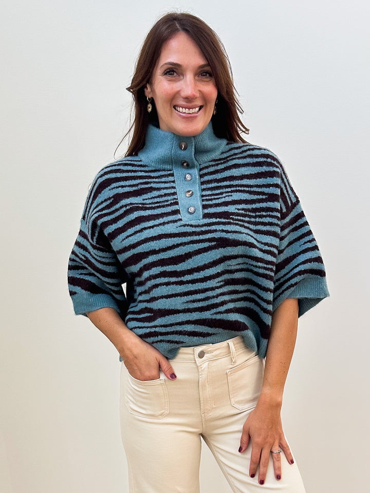 3/4 SLEEVE ANIMAL PRINT STAND NECK SWEATER - DUSTY BLUE