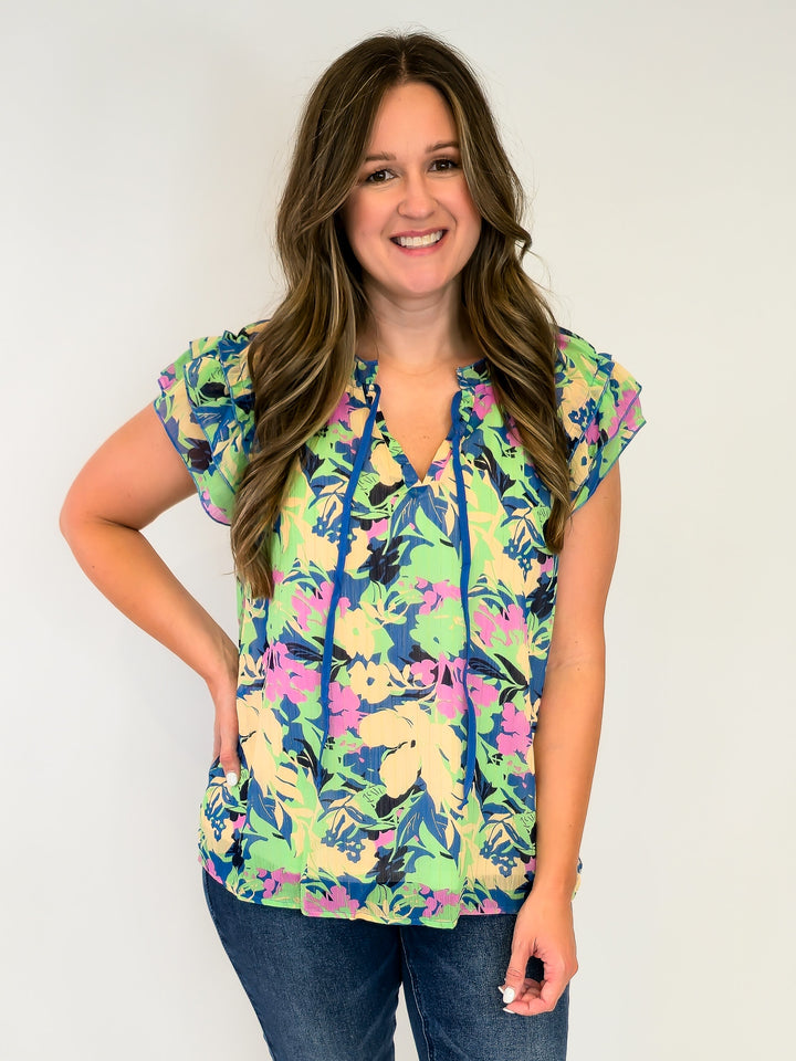 METALLIC LUREX FLORAL PRINT TOP - BLUE MIX