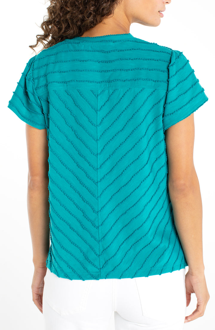 SHORT SLEEVE V-NECK KNIT TOP W/MITER DETAIL - TEAL TIDE