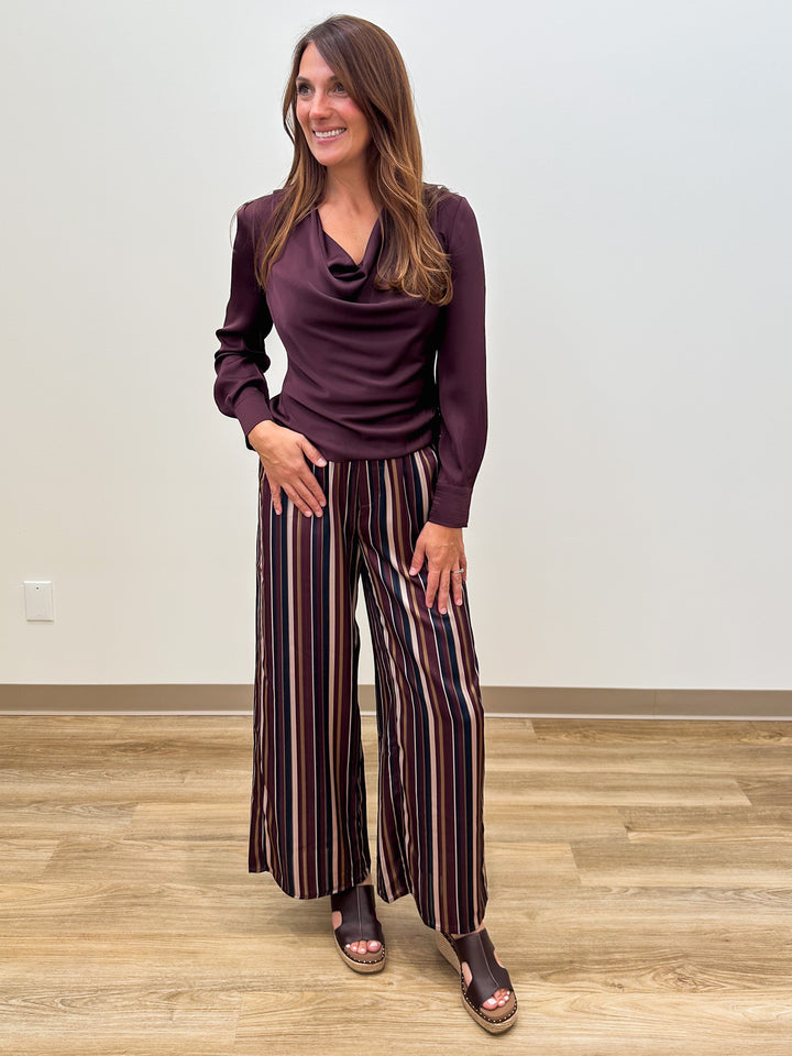 ELASTIC WAIST STRIPED WIDE LEG PANTS - BURGUNDY MULTI