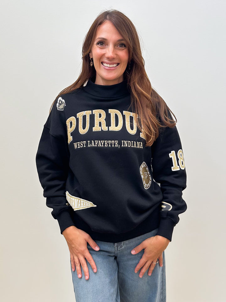 PURDUE ALLOVER SCATTER FUNNEL NECK TOP - BLACK