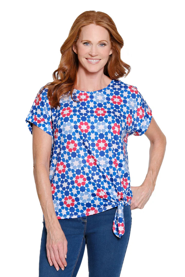 CUFFED S/S DOLMAN SCOOP NECK TIE WAIST TOP - STARS R/W/B