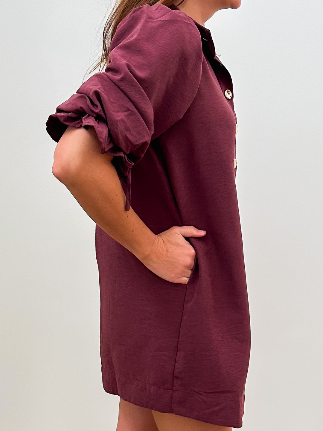 SOLID 3/4 BALLOON SLEEVE BUTTON DETAIL SHORT DRESS - MERLOT