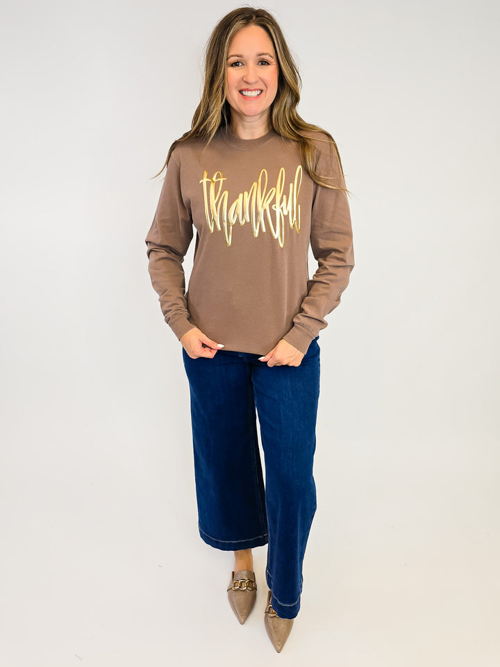 GOLD METALLIC 'THANKFUL' LONG SLEEVE TEE - ESPRESSO