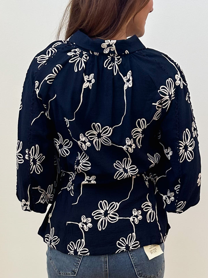 3/4 BALLOON SLEEVE FLORAL LINE PRINT BLOUSE - MIDNIGHT
