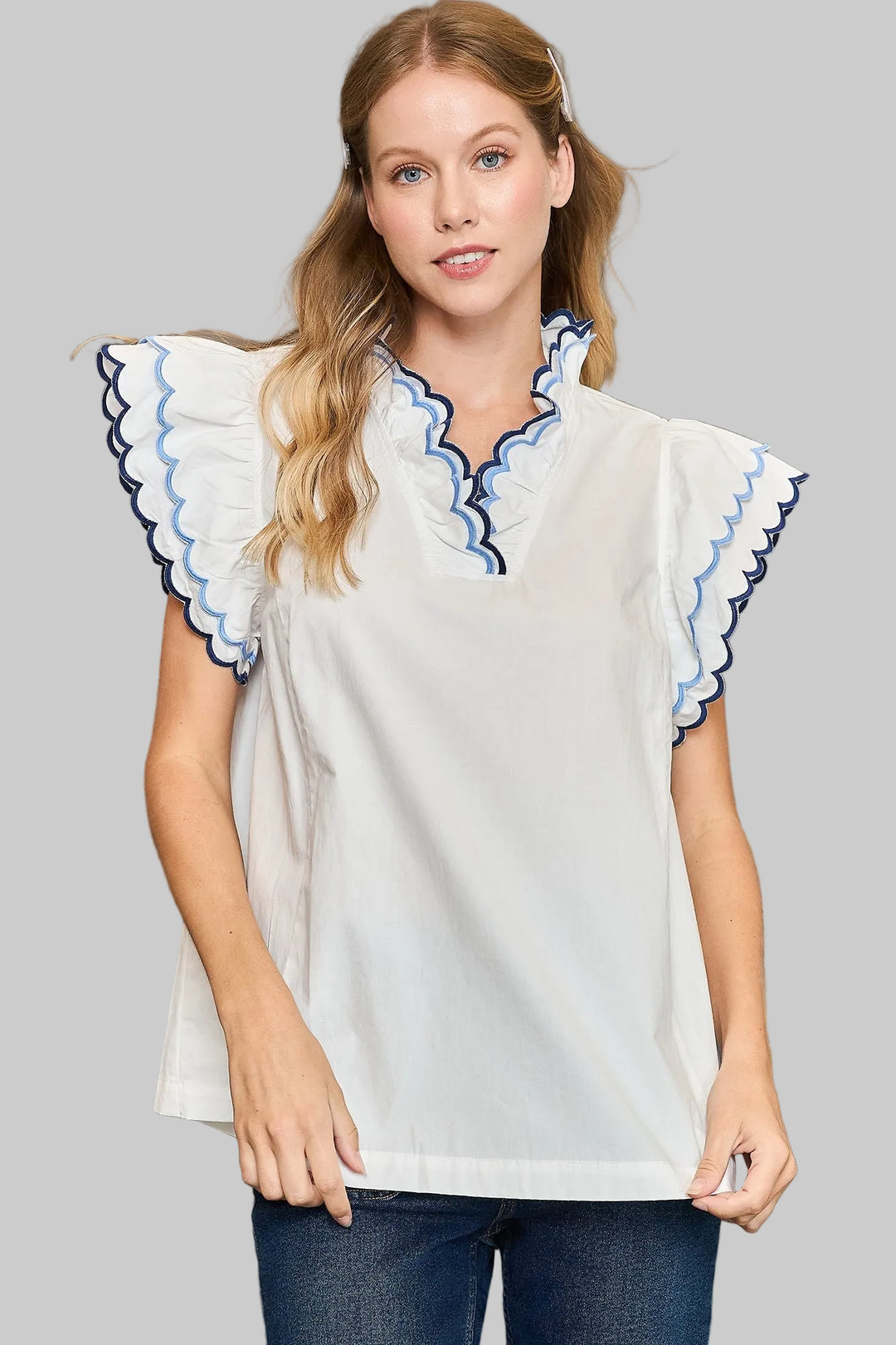 SCALLOPED RUFFLE SLEEVE SOLID TOP - OFF WHITE