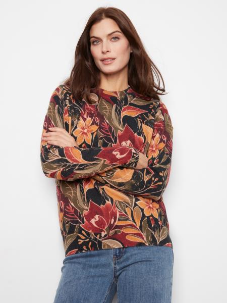 CREW NECK PRINTED SWEATER WITH ZIPPER DETAIL AT SLEEVE CUFFS - RAVEN