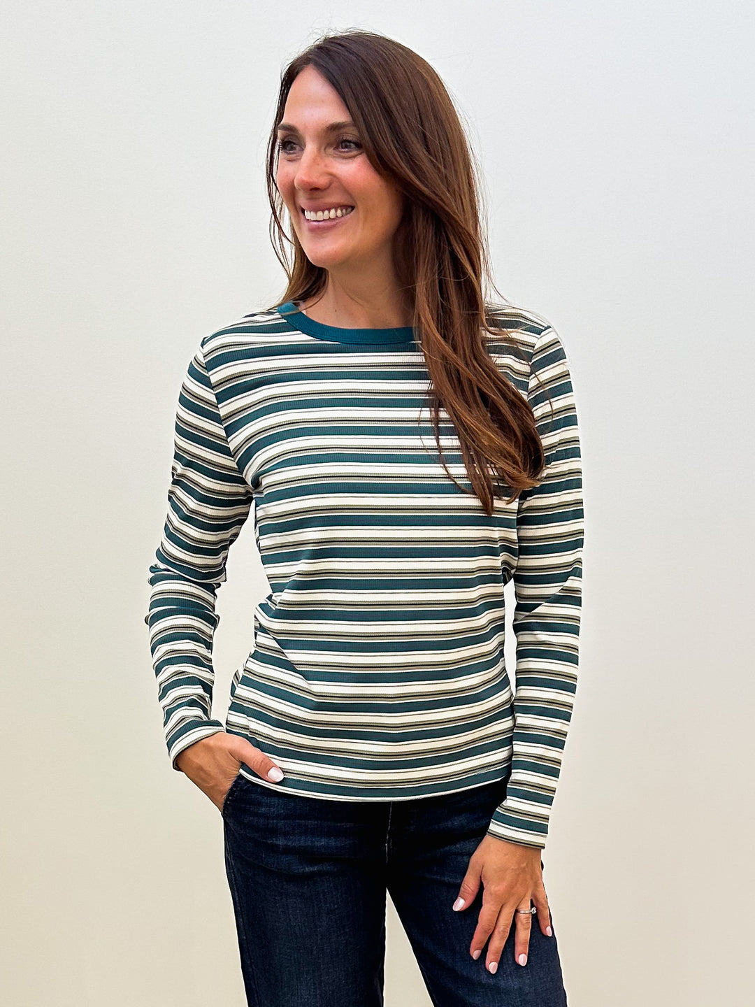 LONG SLEEVE BASIC MULTI RIB STRIPED TOP - JADE/IVORY
