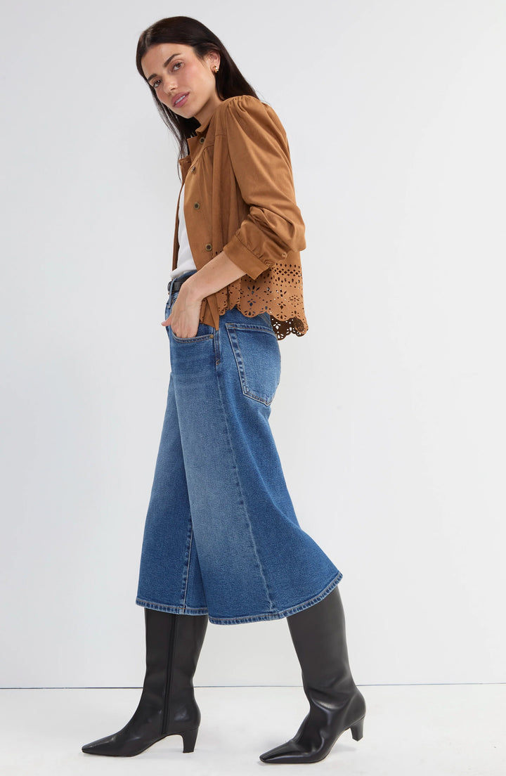 PUFF SLEEVE JACKET W/LASER CUT HEM - CARAMEL