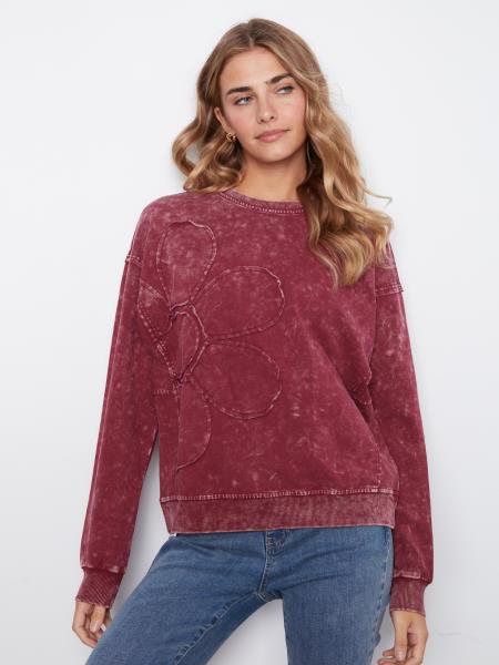 LONG SLEEVE TOP WITH FLORAL APPLIQUE - MERLOT